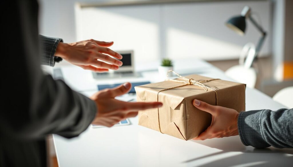 A well-lit, high-resolution photograph showcasing the concept of "Cash on Delivery" payment method. The foreground depicts a package or parcel, neatly wrapped and presented, with a person's hand reaching out to receive it. The middle ground features a modern, minimalist desk or table setting, with a laptop, smartphone, and other office accessories, all in a neutral color palette. The background subtly suggests an interior space, such as a home office or a small business setting, with clean lines, natural lighting, and a sense of organization and professionalism. The overall mood is one of convenience, reliability, and the seamless integration of e-commerce into everyday life.