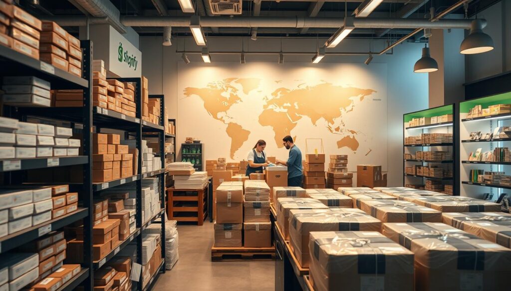 A well-lit, modern Shopify store interior showcasing the essential preparations for international shipping. Prominent shelves and display units in the foreground, organized with neatly packaged products. In the middle ground, a team of employees carefully inspecting and labeling packages, ensuring compliance with global shipping regulations. The background features a large world map and shipping documentation, emphasizing the store's global reach. Warm, professional lighting illuminates the space, creating a welcoming atmosphere for customers. The overall scene conveys a sense of efficiency, attention to detail, and a commitment to facilitating seamless international commerce.