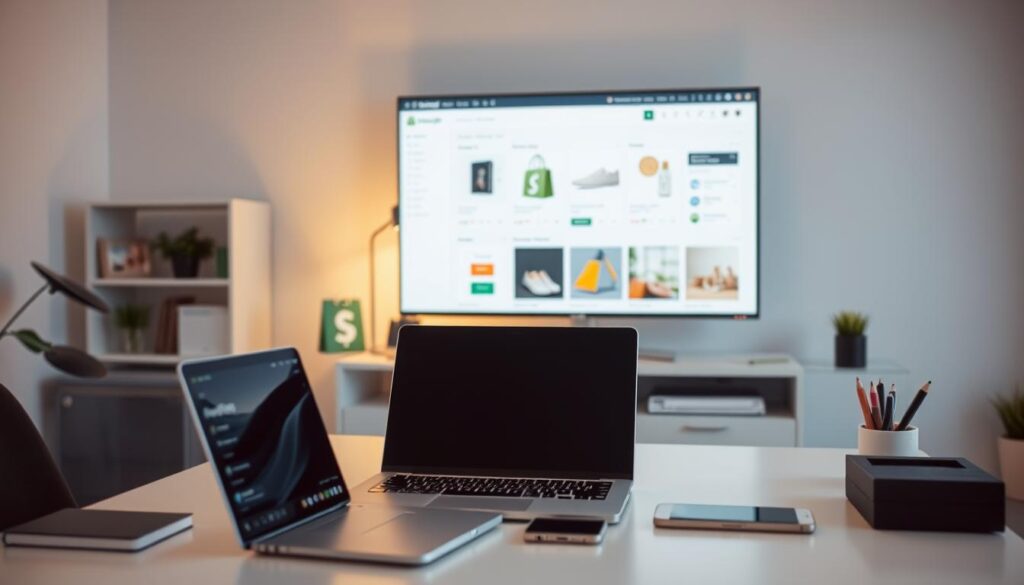 A well-lit, modern home office scene with a laptop, mobile device, and various office supplies on a minimalist desk. In the background, a large monitor displays the Shopify platform's user interface, showcasing its intuitive dashboard and e-commerce features. The lighting is soft and diffused, creating a professional yet inviting atmosphere. The composition emphasizes the ease and accessibility of the Shopify platform, highlighting its suitability for Arab merchants to build and manage their online stores.