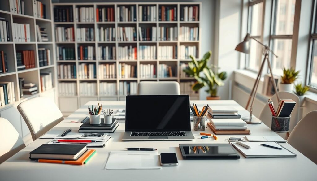 A well-lit, modern office workspace with a large desk. On the desk, an array of digital devices including a laptop, tablet, and smartphone. Various office supplies and stationery are neatly organized, conveying a sense of productivity and research. The background features shelves filled with books and resource materials, creating an academic atmosphere. Soft, directional lighting illuminates the scene, highlighting the tools and materials used for keyword research and search engine optimization. The overall composition emphasizes the importance of thorough, data-driven analysis in developing a robust SEO strategy for an e-commerce business.