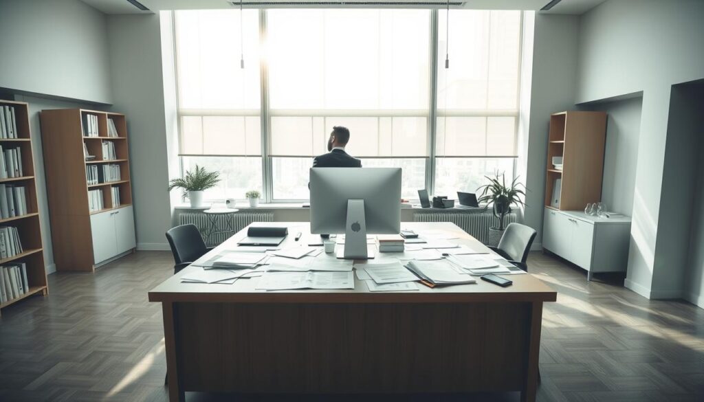 A well-lit office space with a large desk at the center, a computer, and various financial documents scattered across the surface. A person in a suit stands before the desk, seemingly reviewing financial statements. Soft natural light filters in through large windows, creating a sense of professionalism and diligence. The atmosphere conveys the careful management of financial obligations prior to the closure of a Shopify store, with a focus on attention to detail and responsible decision-making.