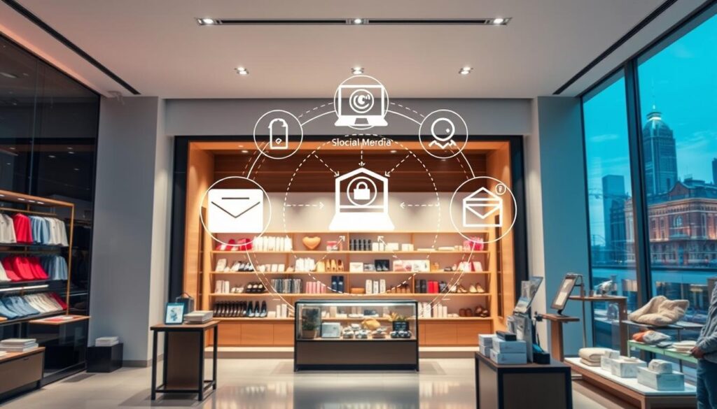 A well-lit, professionally shot image of a modern e-commerce storefront with clean, minimalist design. In the foreground, an attractive display of various products, arranged elegantly. In the middle ground, a stylized graphic overlay depicting key elements of digital marketing strategy, such as social media platforms, email marketing, and targeted advertising. The background showcases a vibrant city skyline, hinting at the global reach of the online store. The overall atmosphere conveys a sense of sophistication, innovation, and commercial success.