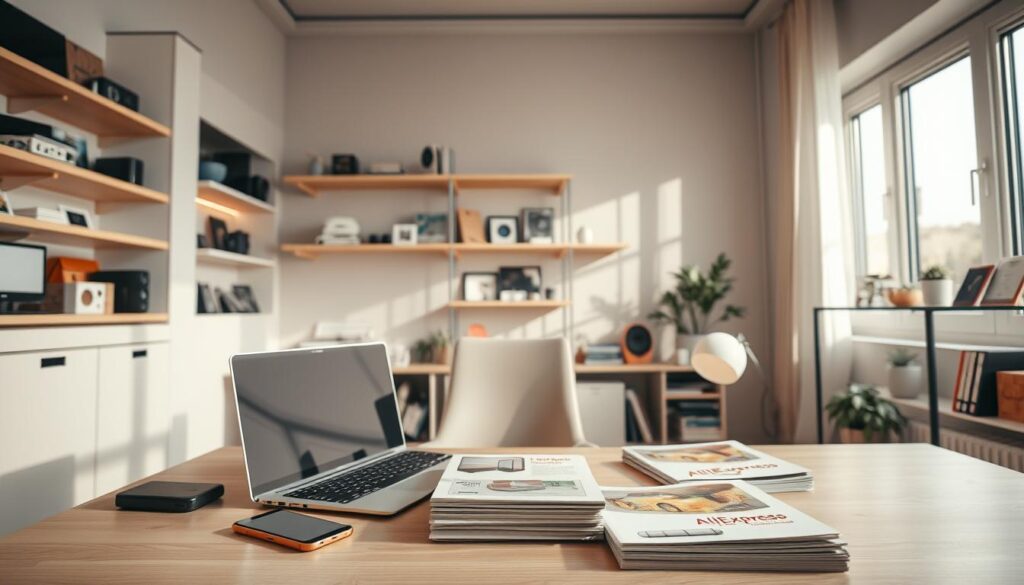 A well-lit, wide-angle view of a modern home office setting. The desk is adorned with a laptop, a smartphone, and a stack of product catalogs from AliExpress. Shelves along the walls display an array of diverse products, ranging from electronics to home decor items. The lighting is a harmonious blend of natural daylight streaming through the window and subtle, warm-toned accent lighting. The overall atmosphere conveys a sense of research, analysis, and decision-making as the user carefully selects the most suitable products for their online store.