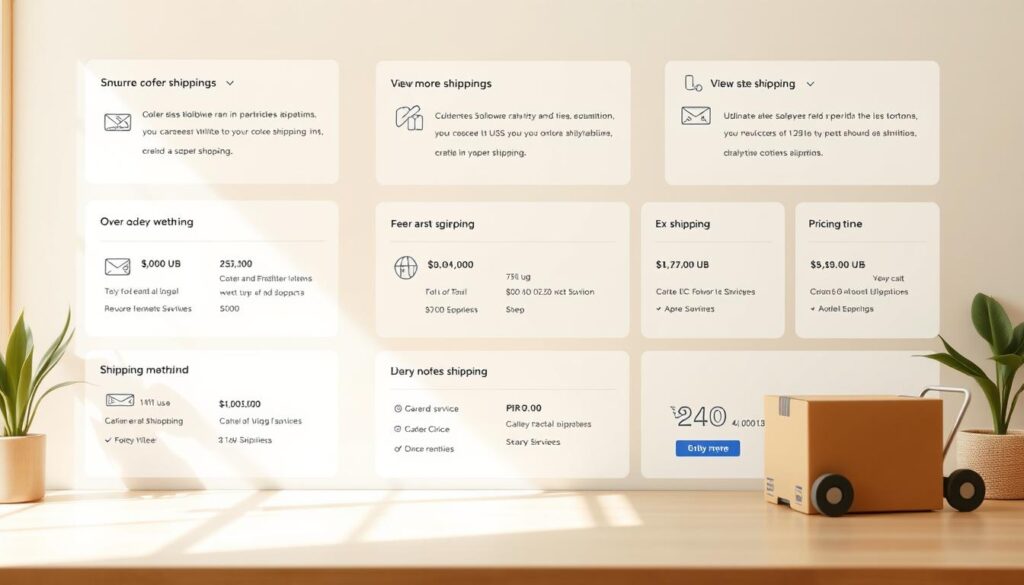 A well-organized and visually appealing scene showcasing a variety of shipping options in an online store setting. A clean, minimalist interface with distinct sections highlighting different shipping methods, delivery times, and pricing details. The layout is intuitive and user-friendly, with clear iconography and subtle branding elements. The overall tone is professional and trustworthy, conveying a sense of reliability and efficiency. Soft, natural lighting casts a warm glow, while the composition balances simplicity and visual interest. The image should capture the essence of an optimized shipping experience for an e-commerce business.