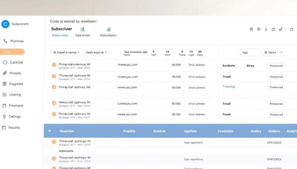 A well-organized email newsletter dashboard with a clean, modern interface. The foreground features a neatly arranged list of subscriber names and email addresses, with intuitive sorting and filtering options. The middle ground showcases easy-to-use tools for creating, scheduling, and analyzing email campaigns. The background has a light, minimalist aesthetic with subtle grid lines and soft, muted colors to convey a sense of efficiency and professionalism. Bright, natural lighting creates depth and highlights the sleek, responsive design, optimized for both desktop and mobile experiences.