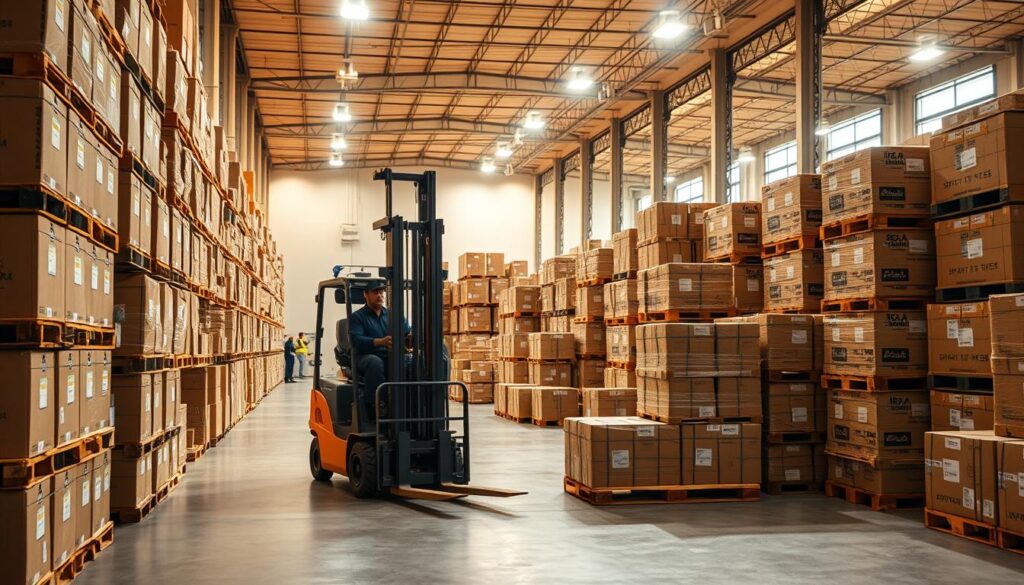 A wide, well-lit warehouse interior with rows of stacked cardboard boxes and shipping crates. The scene is bathed in warm, diffused lighting, highlighting the intricate patterns and labels on the packages. In the foreground, a forklift operator carefully maneuvers a pallet of goods, while in the background, workers are seen unloading a shipping container. The overall atmosphere conveys the efficient, industrious process of importing products from China to be sold through an e-commerce platform like Shopify.