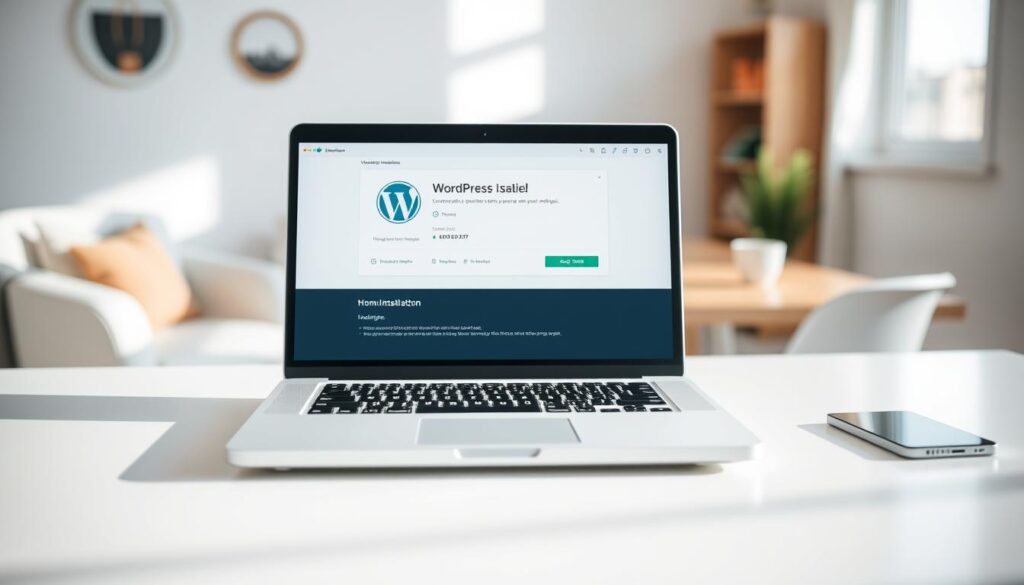 An automatic WordPress installation on a Hostinger hosting platform. A modern laptop computer with a minimalist white design sits atop a clean, sleek desk. The laptop screen displays the WordPress installation process, with progress indicators and configuration options. The scene is bathed in soft, natural lighting, creating a calming and productive atmosphere. The background features a blurred view of a cozy home office, hinting at the comfort and convenience of setting up a WordPress website effortlessly.