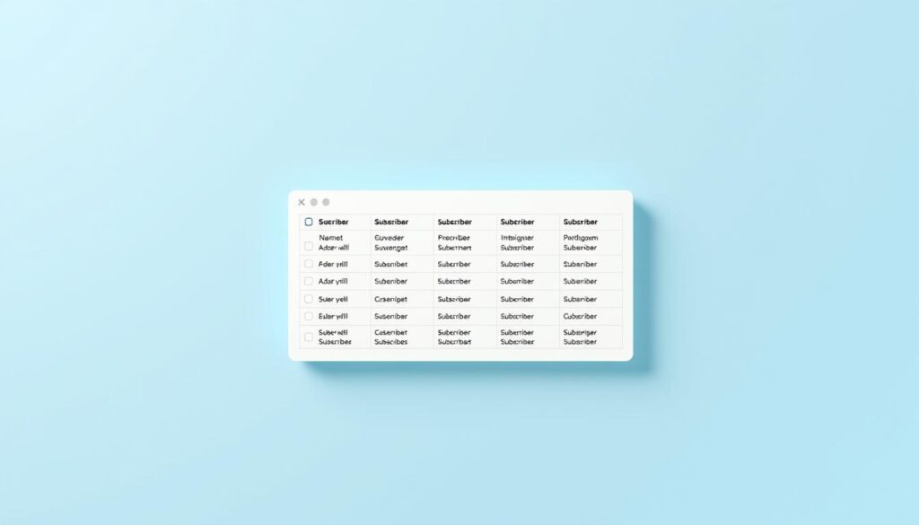 An elegant email list interface with a clean, minimalist design. A light blue background frames a central panel displaying a neatly organized table of subscriber names and details. Soft shadows and subtle gradients create depth and a professional, digital aesthetic. The table headers are clear and legible, with intuitive icons denoting common email list management functions. The overall composition conveys a sense of focus, efficiency and data-driven control - perfect for showcasing the process of building a successful email marketing campaign.
