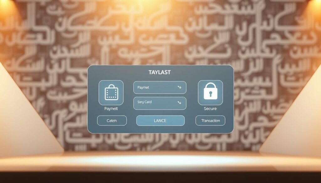 An elegantly designed electronic payment gateway interface, showcasing a minimalist yet sophisticated arrangement of sleek payment buttons, intuitive navigation, and secure transaction indicators. The scene is bathed in a warm, inviting lighting that creates a sense of trust and reliability, with clean lines and subtle gradients drawing the viewer's attention to the core functionality. In the background, a blurred pattern of Arabic script subtly reinforces the regional context, while the overall composition conveys a sense of professionalism and technological advancement befitting the subject of electronic payment solutions in Saudi Arabia.