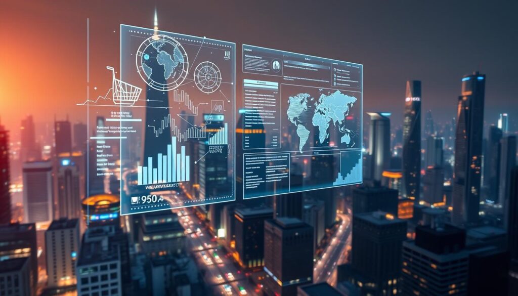 An expansive, futuristic cityscape with towering skyscrapers and bustling streets. In the foreground, a holographic display depicts intricate data visualizations and models, showcasing the integration of artificial intelligence into the world of e-commerce. The background is bathed in a warm, ambient glow, creating a sense of technological sophistication and innovation. Sleek, minimalist UI elements float ethereally, hinting at the seamless user experience made possible by AI-powered systems. The overall scene conveys the transformative potential of AI in revolutionizing the world of online commerce and business operations.