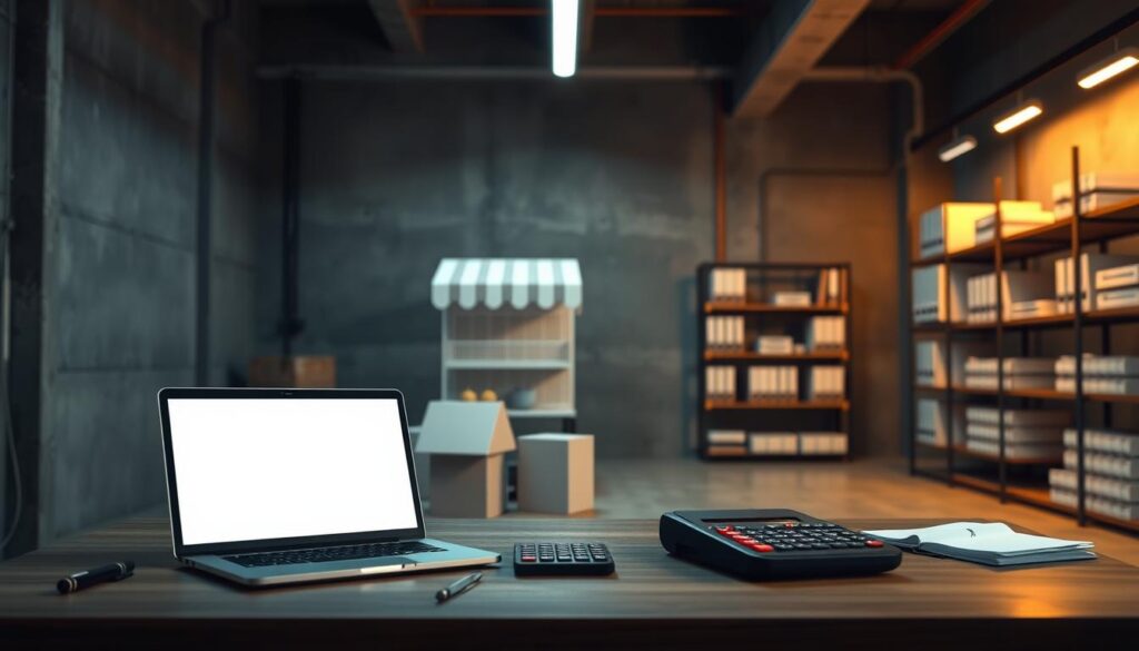 An industrial interior with concrete walls and floor, dimly lit by warm overhead lighting. In the foreground, a sleek laptop and a calculator sit on a simple wooden desk, surrounded by office supplies. The middle ground features a 3D model of an online store, rendered in muted tones, conveying the process of building a cost-effective e-commerce platform. In the background, shelves filled with neatly organized binders and books suggest research and planning. The overall atmosphere is focused and pragmatic, reflecting the strategic approach to reducing the costs of creating an online store.