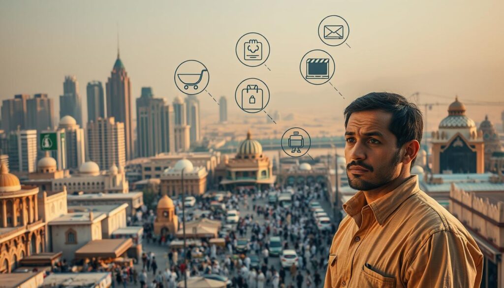 An intricate cityscape of Riyadh, Saudi Arabia, with skyscrapers and traditional architecture. In the foreground, a small business owner looks perplexed, surrounded by floating icons representing the challenges of using Shopify - language barriers, payment gateways, shipping logistics, and cultural differences. The middle ground depicts a bustling marketplace, with shoppers navigating through the crowded streets. In the background, a hazy desert landscape sets the scene, hinting at the unique environmental and geographic factors that may impact Shopify's suitability for entrepreneurs in the region. The lighting is warm and golden, casting a contemplative mood over the entire composition.