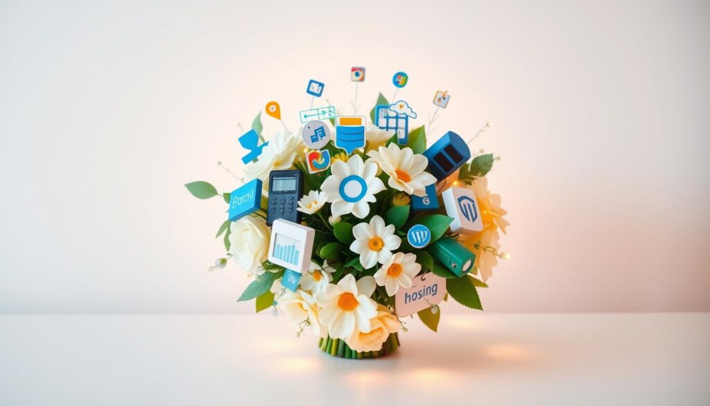 Detailed bouquet of web hosting services, showcased in a modern, clean composition. The arrangement features various icons and illustrations representing different hosting features such as storage, bandwidth, databases, and security. Soft, warm lighting illuminates the bouquet, creating a professional and inviting atmosphere. The bouquet is placed on a simple, minimalist background, allowing the hosting services to take center stage. The overall design conveys a sense of reliability, quality, and the comprehensive nature of the hosting package.