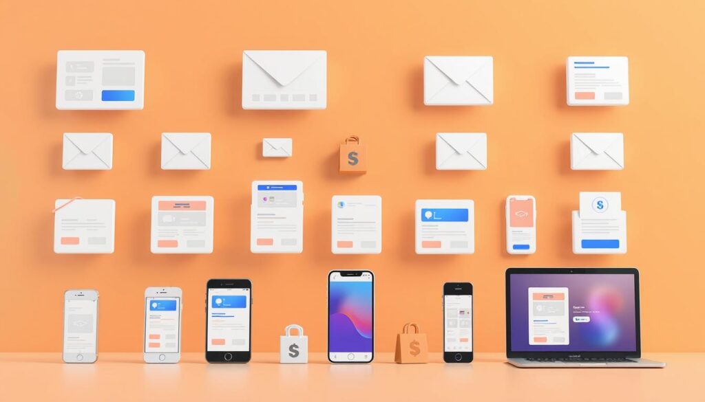 Detailed digital illustration depicting a collection of email marketing software and applications, rendered in a clean, modern style. The foreground showcases various email editor interfaces, campaign dashboards, and automation tools arranged in a grid-like layout. The middle ground features 3D models of smartphones and laptops, suggesting the cross-device compatibility of the applications. The background has a subtle gradient in warm tones, creating a professional, tech-savvy atmosphere. The overall composition emphasizes the versatility and user-friendly nature of the email marketing solutions for Shopify businesses.