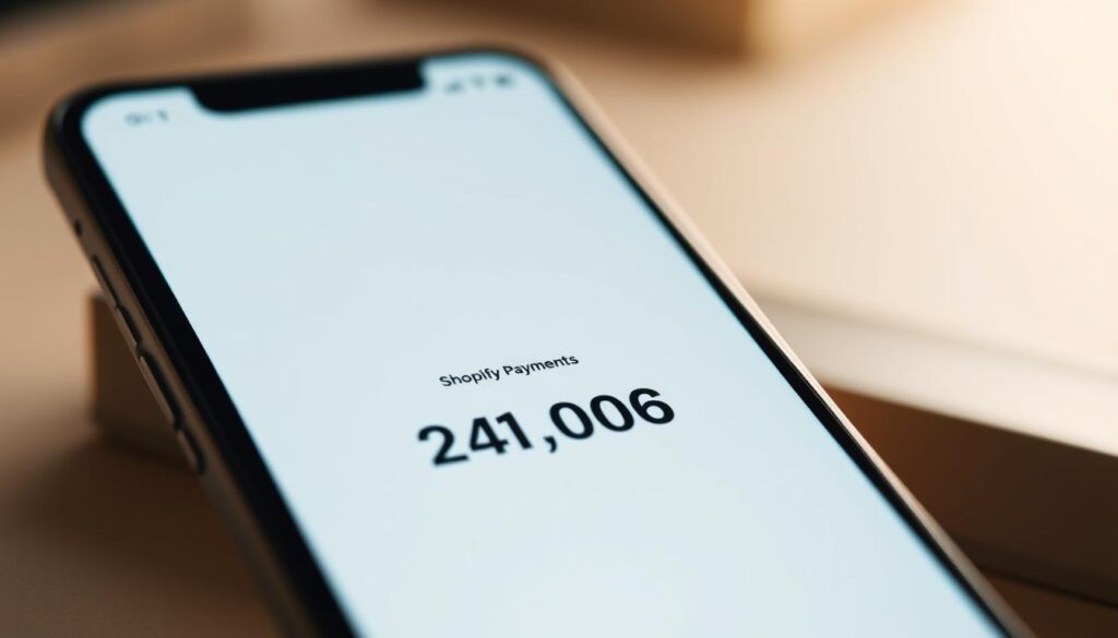 Detailed digital illustration of a smartphone screen displaying a Shopify Payments account balance. The screen shows a clean, minimalist interface with a prominent figure indicating the available funds. Soft, warm lighting illuminates the scene, creating a calm and trustworthy atmosphere. The composition emphasizes the central balance information, framed by subtle UI elements and a blurred, out-of-focus background to draw the viewer's attention. Rendered with a high level of realism and visual clarity to convey the importance and reliability of the financial data.