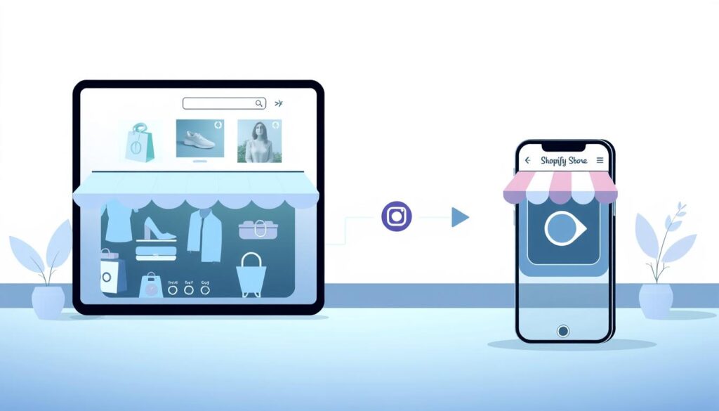 Detailed digital illustration of an online store integration, featuring a Shopify storefront seamlessly connected to an Instagram Shop. The foreground showcases product images and icons from both platforms, arranged in a clean, visually appealing layout. The background depicts a minimalist, gradient-based environment with subtle visual cues hinting at the technological aspect of the integration. The lighting is soft and diffused, creating a sense of depth and dimensionality. The overall mood is one of efficiency, connectivity, and a modern, user-friendly shopping experience.