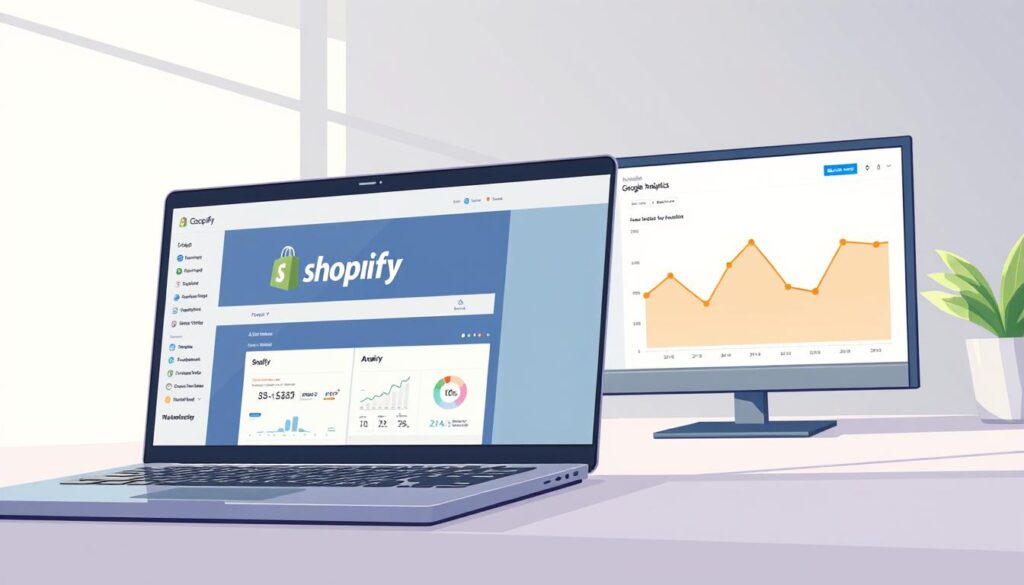 Detailed digital illustration showcasing a seamless integration between the Shopify e-commerce platform and Google Analytics. Prominent in the foreground, a laptop screen displays the Shopify dashboard, while the Google Analytics interface is depicted on a secondary screen. The scene is illuminated by a soft, natural light, creating a calm and professional ambiance. In the background, subtle design elements such as financial graphs and charts allude to the data-driven nature of the integration. The overall composition conveys a sense of efficiency, connectivity, and the powerful insights gained by combining these two essential business tools.