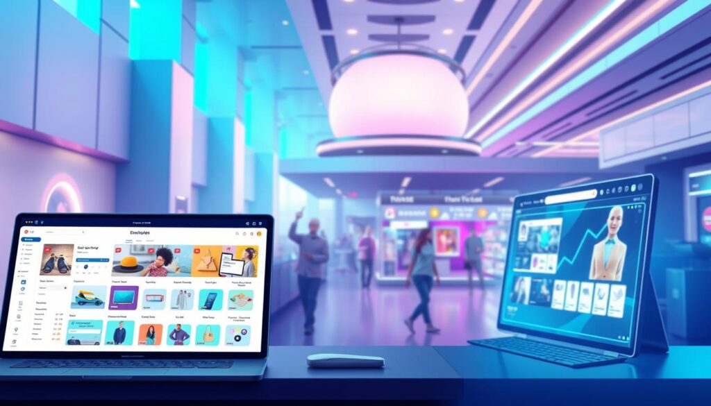Detailed digital illustration showcasing the seamless transition to alternative e-commerce platforms. Prominent foreground features various intuitive e-commerce interface designs with sleek navigation menus, product listings, and engaging visuals. Middle ground depicts a bustling online marketplace with diverse product categories and user-friendly search functionalities. Background setting conveys a high-tech, futuristic ambiance with minimalist architecture, holographic displays, and a vibrant color palette of blues and purples. Lighting is soft and diffused, creating a sense of depth and sophistication. The overall composition emphasizes the effortless migration to innovative e-commerce solutions, catering to the modern digital landscape.
