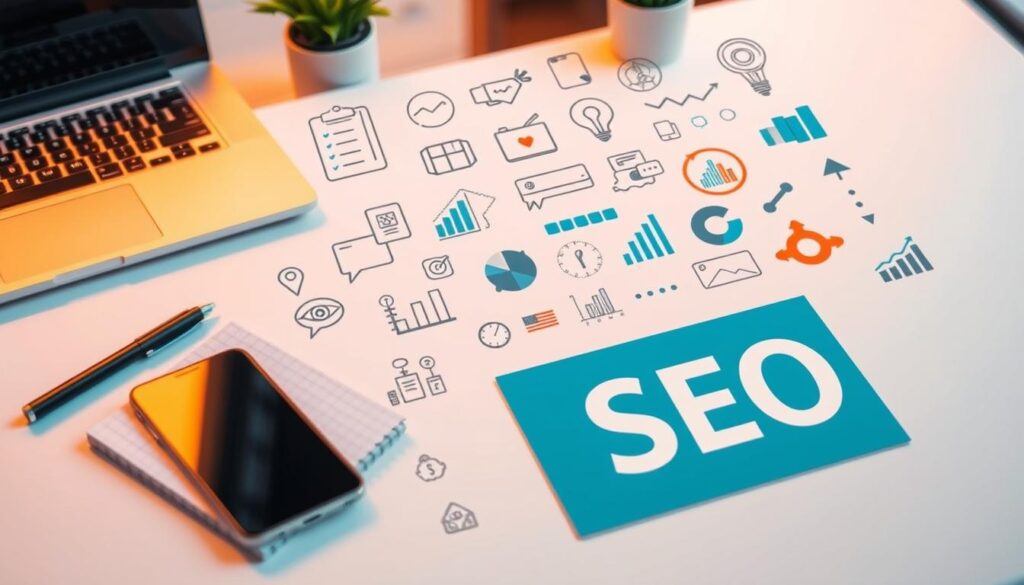 Detailed, high-resolution image of various SEO tools and optimization techniques for Shopify stores. A clean, modern workspace setting with a laptop, smartphone, notebook, and an array of digital marketing icons and infographic elements. Warm lighting, sharp focus, and a minimalist, professional aesthetic to reflect the informative nature of the content. The composition should clearly communicate the theme of improving search engine optimization for Shopify ecommerce businesses.