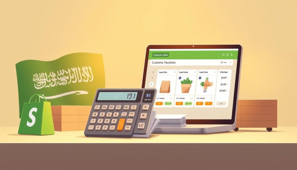 Detailed illustration of a customs clearance process, showcasing the calculation of import duties for products in an online Shopify store. Depicted in a sleek, technical style with clean lines and minimalist design. A foreground featuring a calculator and customs documents, with a middle ground displaying product images and price tags. The background subtly incorporates the Saudi Arabian flag and national emblem, conveying the local context. Warm lighting and a neutral color palette create a professional, authoritative atmosphere suitable for the subject matter.