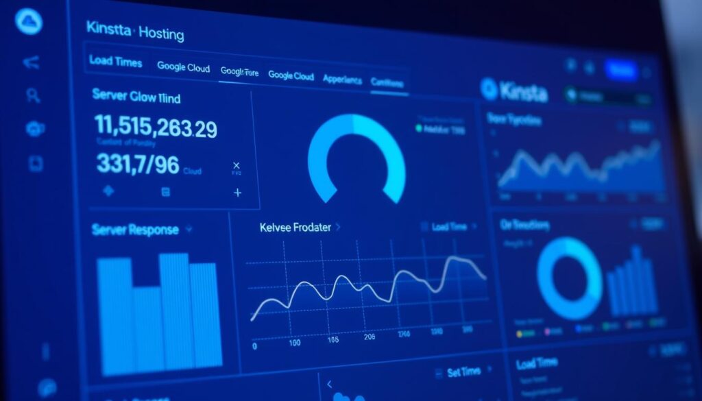 Detailed performance analysis of Kinsta hosting on Google Cloud infrastructure. A sleek, data-driven visualization showcasing key metrics like load times, server response, and user experience. Presented in a clean, minimalist style with sharp lines and subtle gradients. Muted color palette of blues and grays to convey a sense of technical sophistication. Emphasis on precise, technical data presentation without distracting elements. Optimized camera angle and lighting to highlight the digital dashboard interface and analytics charts. An authoritative, professional tone that inspires confidence in Kinsta's technical capabilities.