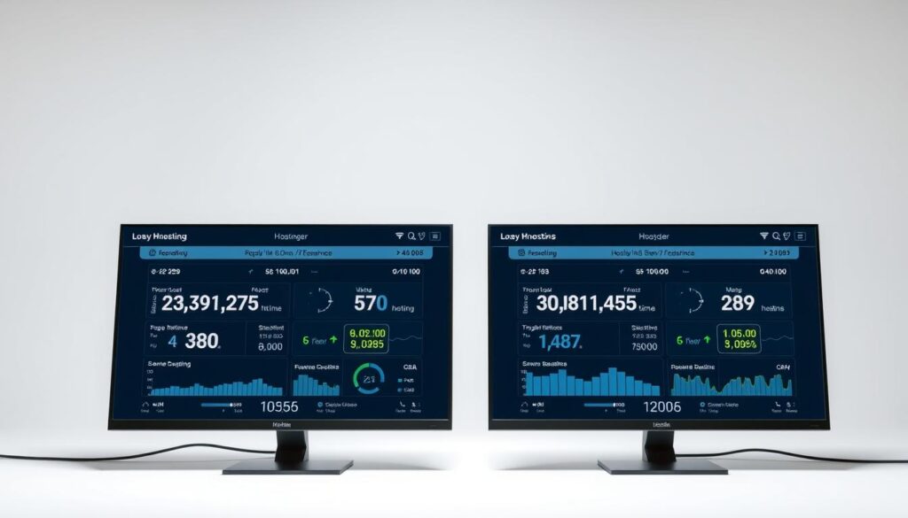 High-resolution, photorealistic comparison of web hosting performance, showcasing Hostinger and local hosting services in Saudi Arabia. A modern, sleek data visualization featuring a dual-screen display setup, displaying real-time metrics like page load times, server response times, and throughput. The scene is lit by cool, directional lighting, emphasizing the precision and technical nature of the comparison. The background is a minimalist, off-white studio setting, allowing the data visualization to take center stage. The overall mood is one of analytical rigor and technological sophistication, reflecting the importance of web hosting performance in the modern digital landscape.