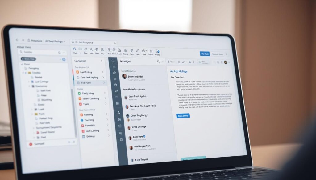 Professional email setup in GetResponse with clean, modern interface featuring email composition window, contact list, and campaign management tools. Warm, inviting lighting highlights intuitive user experience. High-resolution close-up showcases seamless workflow, emphasizing ease of use for email marketing. Minimal, elegant design conveys professionalism and attention to detail. Muted color palette and minimalist aesthetic create a calming, focused atmosphere to boost productivity.