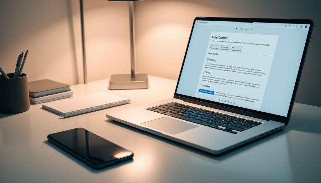 Sleek and modern email customization scene. Elegant desktop with laptop, smartphone, and office supplies. Soft lighting illuminates minimalist workspace. Muted color palette of blues, greys, and whites. Sophisticated user interface on laptop screen, showcasing email customization options. Thoughtful design elements like clean typography and subtle visual cues. Sense of professionalism and productivity pervades the scene.