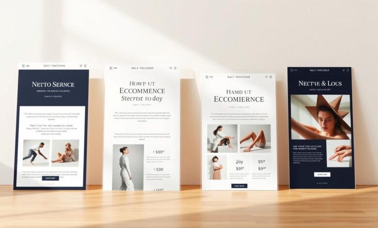 Sophisticated email templates for e-commerce stores, showcased against a clean, minimalist background. Elegant, sans-serif typography headlines the templates, which feature sleek, modern layouts with generous white space. Subtle color accents, such as a rich navy or soft gray, complement the overall sophisticated aesthetic. The templates convey a sense of professionalism and attention to detail, reflecting the high-quality products and services of the e-commerce business. Warm, directional lighting from the top left casts gentle shadows, adding depth and dimension to the scene. A shallow depth of field keeps the templates in sharp focus, while the background fades into a pleasantly blurred blur.