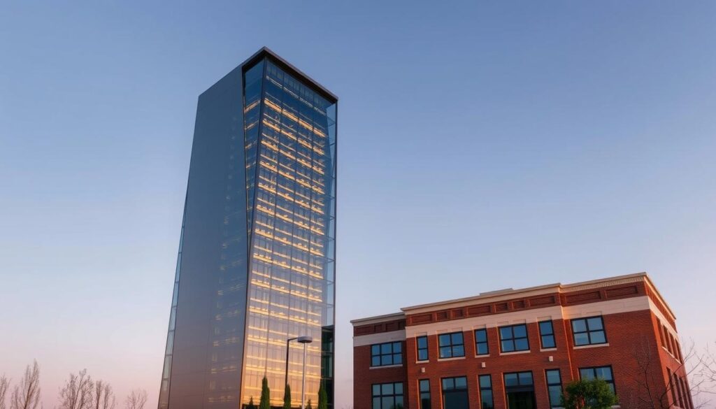 Striking architectural comparison of two web hosting platforms, Kinsta and Bluehost, showcased in a sleek, minimalist style. A towering, modern data center dominates the foreground, its angular glass and steel facade gleaming under warm, directional lighting. In the background, a more traditional web hosting office building stands in contrast, its classic brick and mortar structure representing the legacy infrastructure. The scene conveys a sense of technological advancement and innovation, with the Kinsta data center symbolizing speed, reliability and performance, while the Bluehost building suggests a more conventional, perhaps slower approach. The composition emphasizes the key differences in the hosting providers' capabilities, hinting at the heart of the performance comparison.