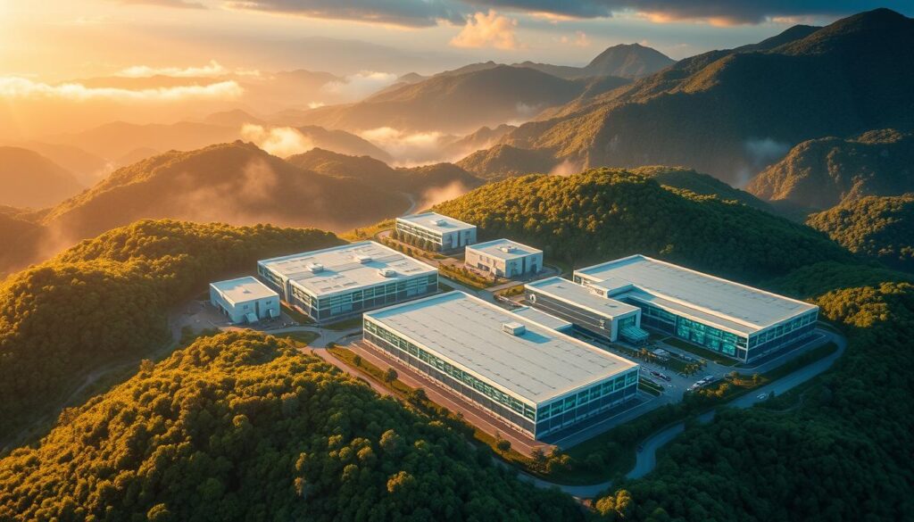 Stunning aerial view of Hostinger's global data centers, showcasing their international reach. Sleek, modern facilities nestled in lush landscapes, blending seamlessly with their surroundings. Soft, diffused lighting illuminates the state-of-the-art server racks and cooling systems, creating an atmosphere of technological sophistication. The camera pans across multiple data center locations, highlighting Hostinger's commitment to reliable, high-performance infrastructure around the world. A sense of scale and precision conveys the company's dedication to providing exceptional hosting services to its global clientele.