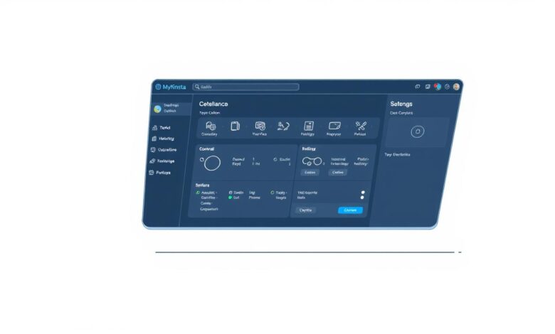 a detailed, highly realistic and technical illustration of the "MyKinsta" control panel, showcasing its user interface, functionality, and design elements. The image should have a clean, minimalist aesthetic, with a focus on the control panel itself, set against a neutral background. Capture the interface in a well-lit, high-resolution view, with a slight diagonal perspective to provide depth and context. Ensure that all on-screen elements, such as buttons, menus, and configuration options, are clearly visible and legible, while maintaining a cohesive and visually appealing composition. The overall mood should convey a sense of professionalism, efficiency, and attention to detail, reflecting the high-quality nature of the MyKinsta platform.