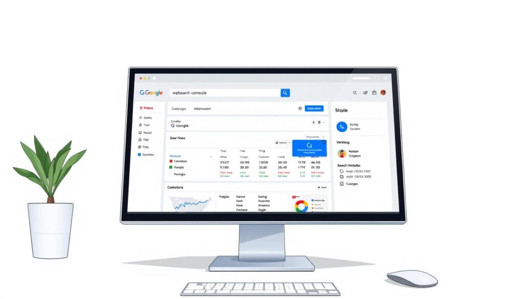 a detailed, hyper-realistic digital illustration of the Google Search Console dashboard interface, showing the main search analytics and webmaster tools, displayed on a modern computer screen with a clean, minimalist desktop background. The screen is well-lit, with soft, even lighting from above, capturing the UI elements in crisp detail. The composition places the dashboard interface prominently in the center, with the surrounding desktop environment providing appropriate context and setting. The overall aesthetic is professional, informative, and visually compelling, suitable for use in a technology-focused article.