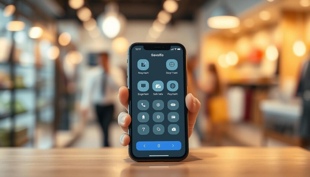 a highly detailed, photorealistic digital illustration of "safe payment" or "secure payment", featuring a modern, clean and minimalist design. The foreground shows a smartphone displaying a digital payment interface with sleek icons and clean typography. The middle ground depicts a person's hands using the payment app on the phone. The background is a softly blurred scene of a shopping or retail environment, conveying a sense of security and trust. The lighting is natural and soft, with a warm color palette. The overall mood is one of confidence, reliability and technological sophistication.
