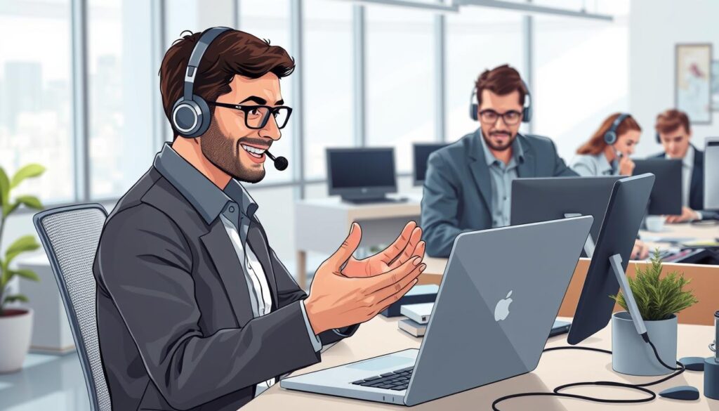 a meticulously detailed illustration of a professional technical support team assisting an Arabic-speaking customer, set in a modern office environment with clean, minimalist decor and natural lighting filtering in from large windows. The foreground depicts a customer service agent intently engaged in a conversation, using expressive hand gestures and a warm, attentive expression to convey excellent Arabic language skills and a commitment to resolving the customer's issue. The middle ground showcases the workspace, with a laptop, headset, and other support tools neatly arranged, suggesting efficient, well-equipped technical assistance. The background features other team members collaborating at their desks, creating an atmosphere of a productive, collaborative support environment. The overall mood is professional, helpful, and designed to convey a sense of reliability and quality in the provided Arabic language technical support services.
