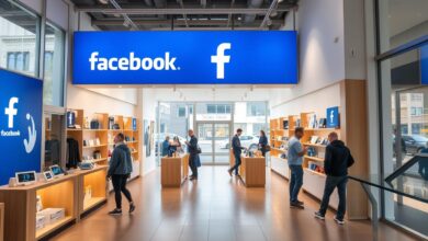 a well-lit, modern retail store interior with large windows and clean, minimalist design featuring the Facebook brand colors of blue and white. The storefront has a prominent Facebook logo and the display shelves showcase a variety of Facebook-branded products and merchandise. The store has a warm, inviting atmosphere with natural lighting and a clean, minimalist aesthetic. The middle ground features customers browsing the store's offerings, while the background shows the exterior of the store with a street view. The image conveys a sense of professionalism, technology, and community associated with the Facebook brand.