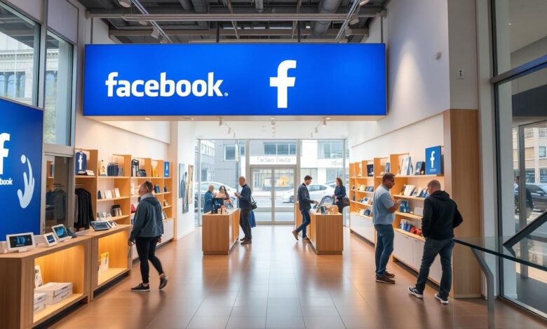 a well-lit, modern retail store interior with large windows and clean, minimalist design featuring the Facebook brand colors of blue and white. The storefront has a prominent Facebook logo and the display shelves showcase a variety of Facebook-branded products and merchandise. The store has a warm, inviting atmosphere with natural lighting and a clean, minimalist aesthetic. The middle ground features customers browsing the store's offerings, while the background shows the exterior of the store with a street view. The image conveys a sense of professionalism, technology, and community associated with the Facebook brand.
