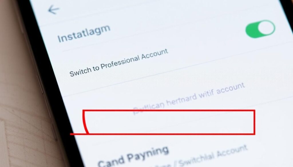 صورة لشاشة إعدادات انستقرام مع التركيز على خيار "التبديل إلى حساب احترافي"