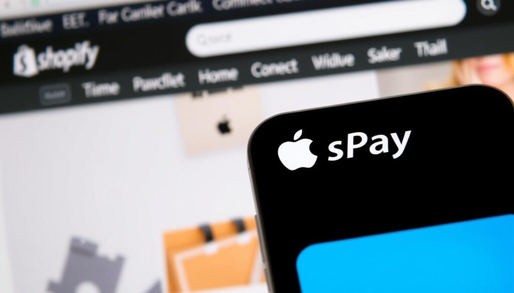 صورة لشعار Apple Pay مع خلفية لمتجر إلكتروني على شوبيفاي