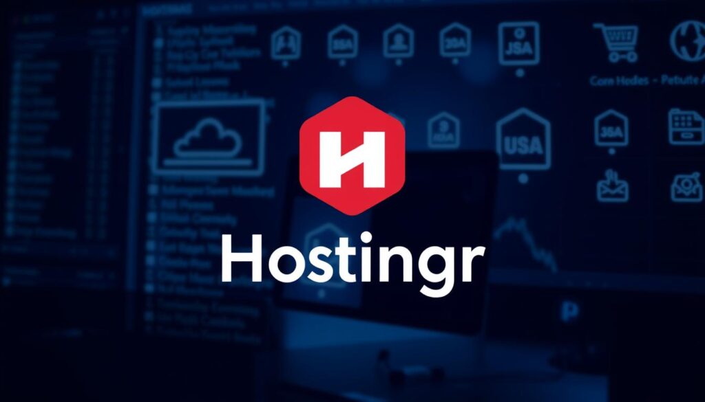صورة لشعار Hostinger مع خلفية تعبر عن التجارة الإلكترونية