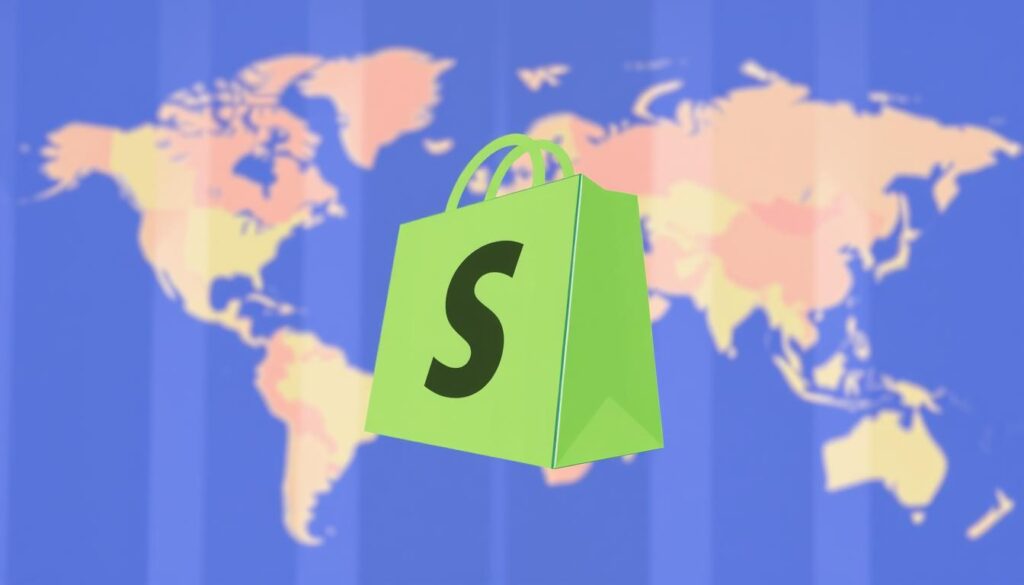 صورة لشعار Shopify مع خلفية تعبر عن الشحن الدولي