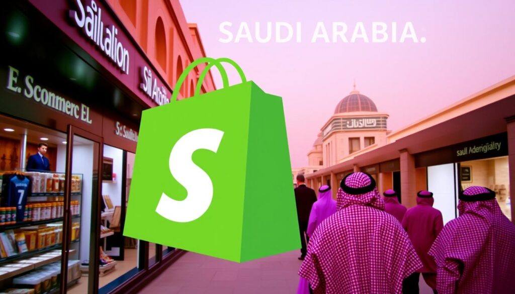صورة لشعار Shopify مع خلفية توضح المتاجر الإلكترونية في السعودية