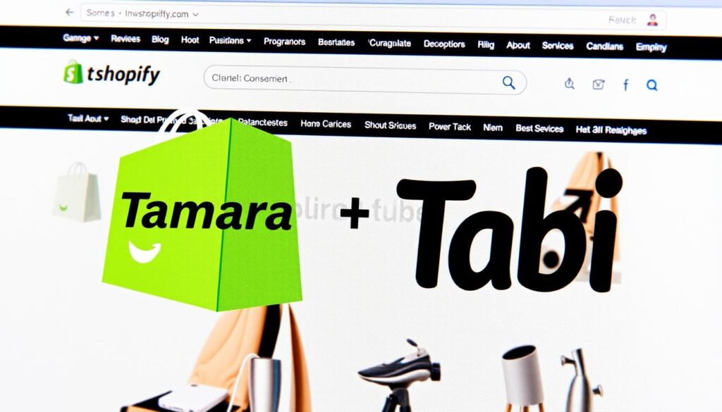 صورة لشعار تمارا وتابي مع خلفية لمتجر إلكتروني على شوبيفاي